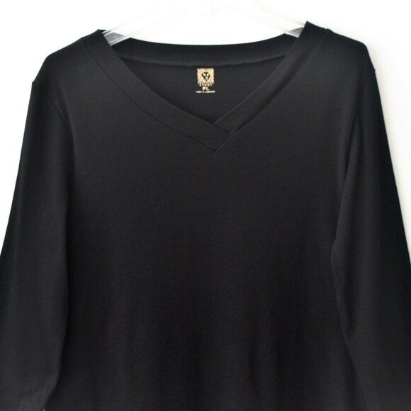 Anne Klein Sport 100% Cotton Black V-Neck 3/4 Sleeve Everyday Shirt Petite Large - Picture 2 of 6